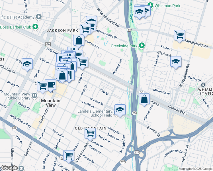 map of restaurants, bars, coffee shops, grocery stores, and more near 311 Geary Way in Mountain View