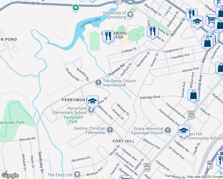 map of restaurants, bars, coffee shops, grocery stores, and more near 4139 White Street in Lynchburg