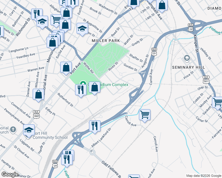 map of restaurants, bars, coffee shops, grocery stores, and more near 1620 Wythe Road in Lynchburg