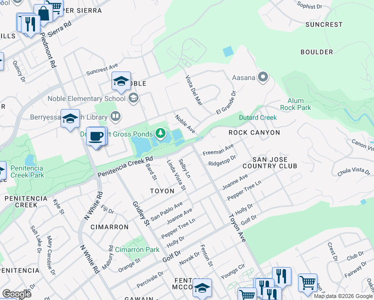 map of restaurants, bars, coffee shops, grocery stores, and more near 989 Selby Lane in San Jose
