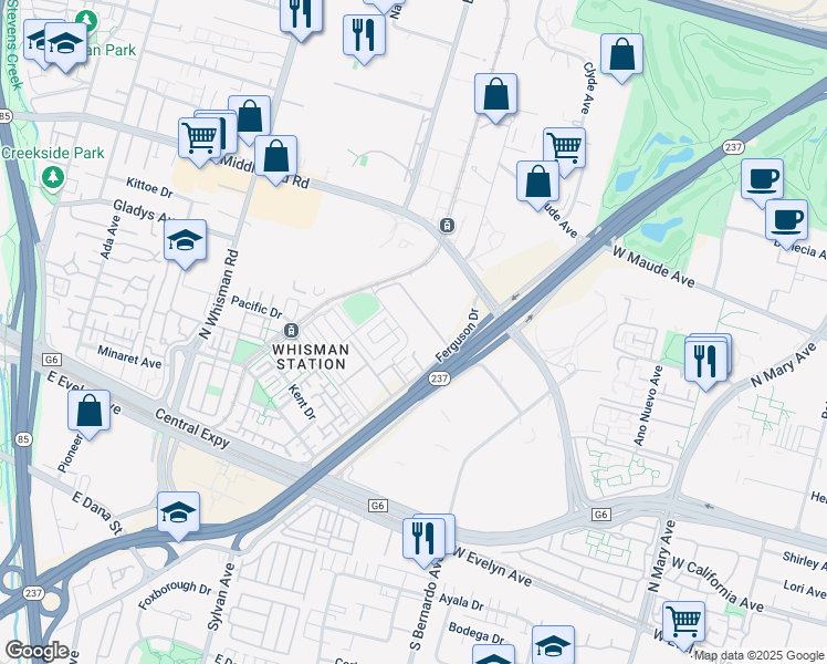 map of restaurants, bars, coffee shops, grocery stores, and more near 200 Infinity Way in Mountain View
