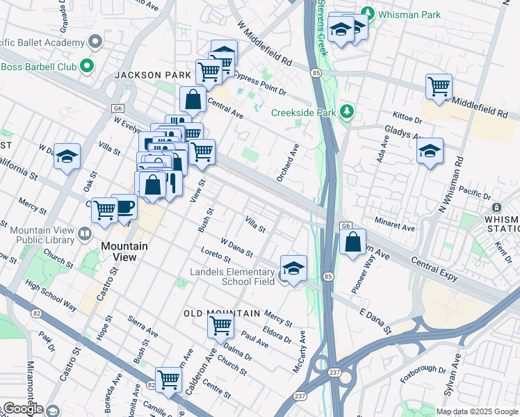 map of restaurants, bars, coffee shops, grocery stores, and more near 311 Geary Way in Mountain View