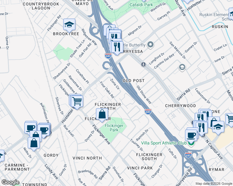 map of restaurants, bars, coffee shops, grocery stores, and more near 2211 Zoria Circle in San Jose