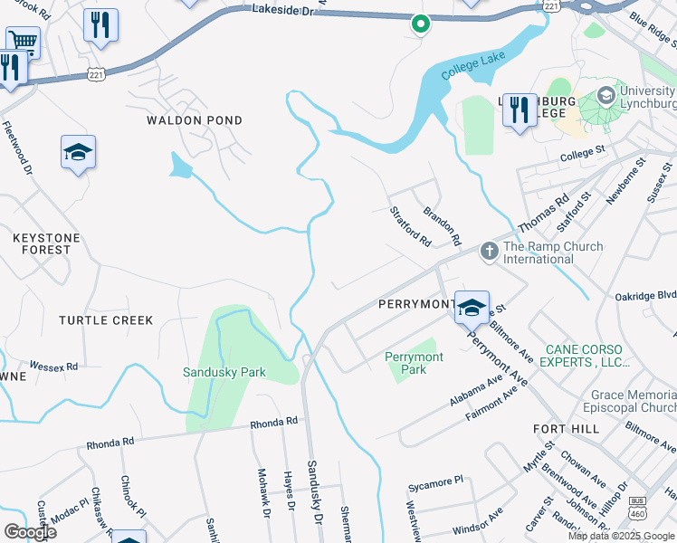 map of restaurants, bars, coffee shops, grocery stores, and more near 4635 Ferncliff Drive in Lynchburg