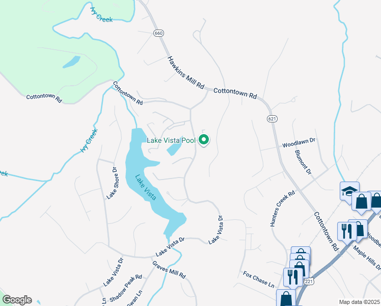 map of restaurants, bars, coffee shops, grocery stores, and more near 113 Sunset Ridge Road in Forest