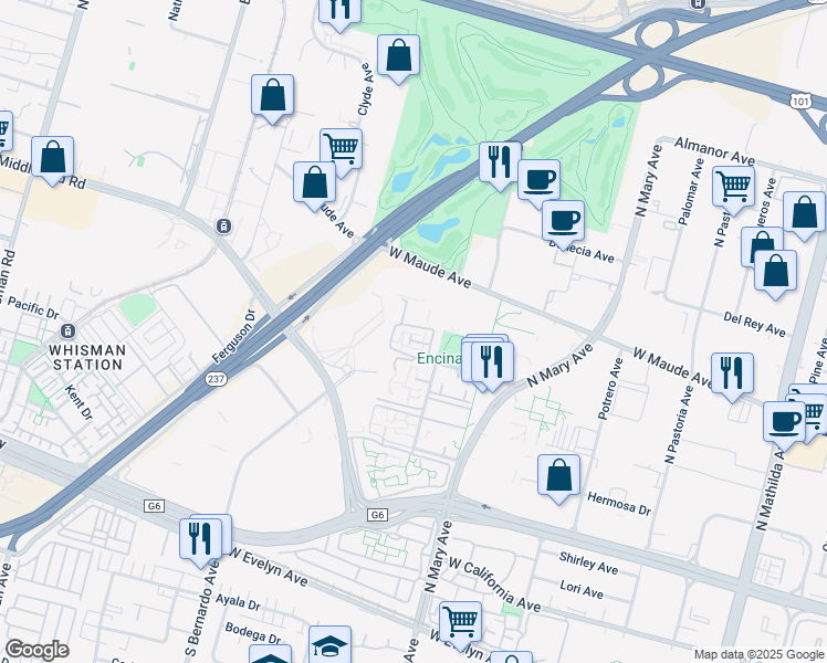 map of restaurants, bars, coffee shops, grocery stores, and more near 461 Costa Mesa Terrace in Sunnyvale