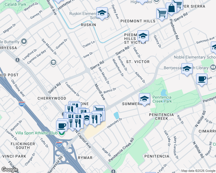 map of restaurants, bars, coffee shops, grocery stores, and more near 1194 Morrill Court in San Jose