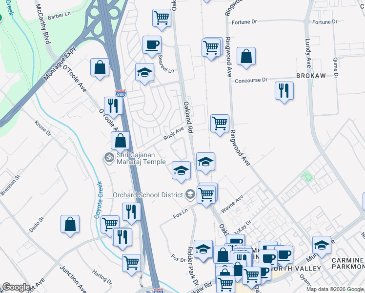 map of restaurants, bars, coffee shops, grocery stores, and more near 1974 Bright Willow Circle in San Jose
