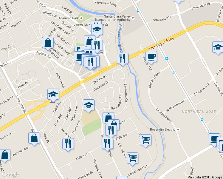map of restaurants, bars, coffee shops, grocery stores, and more near 3763 Edgefield Drive in Santa Clara