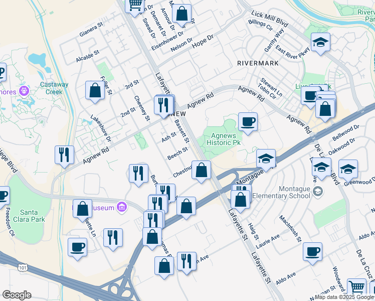 map of restaurants, bars, coffee shops, grocery stores, and more near 4058 Bassett Street in Santa Clara