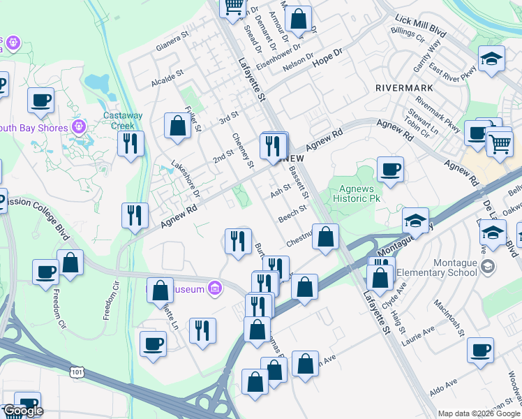 map of restaurants, bars, coffee shops, grocery stores, and more near 4154 Cheeney Street in Santa Clara