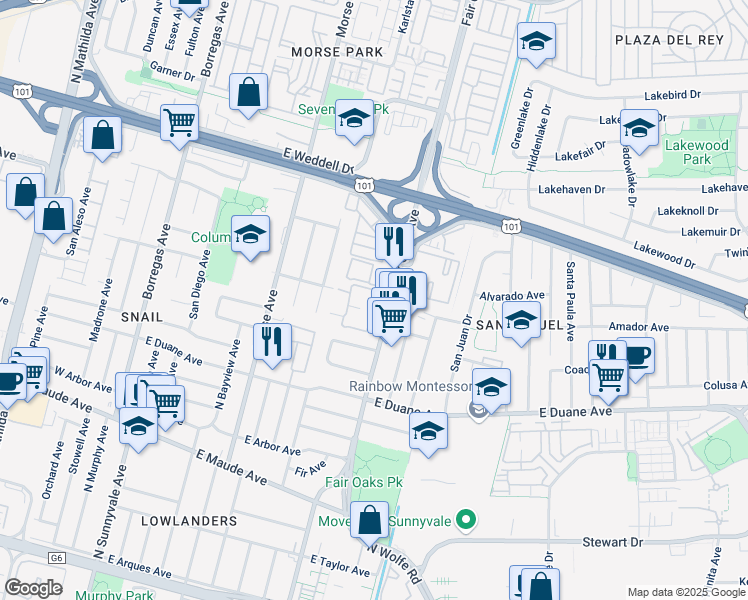 map of restaurants, bars, coffee shops, grocery stores, and more near 702 San Conrado Terrace in Sunnyvale