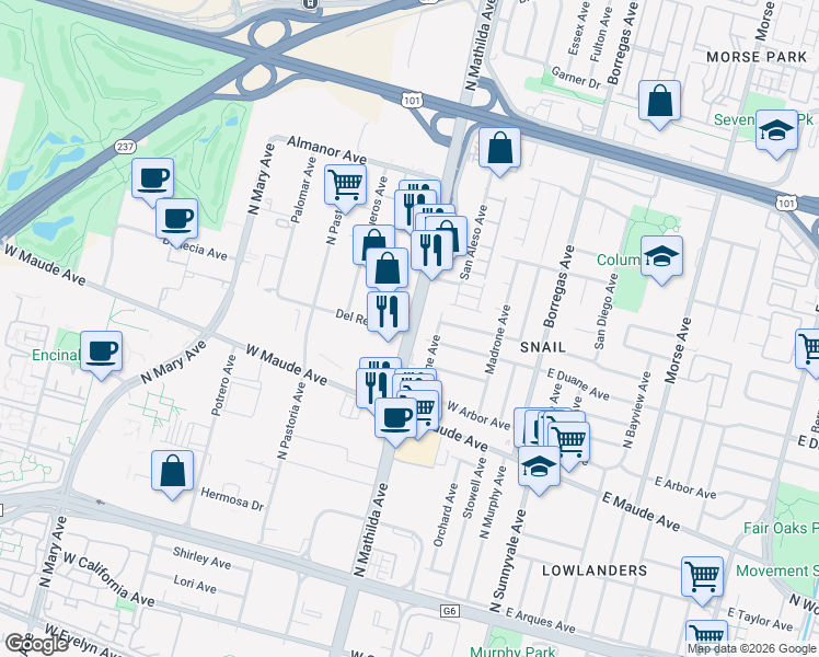 map of restaurants, bars, coffee shops, grocery stores, and more near in Sunnyvale
