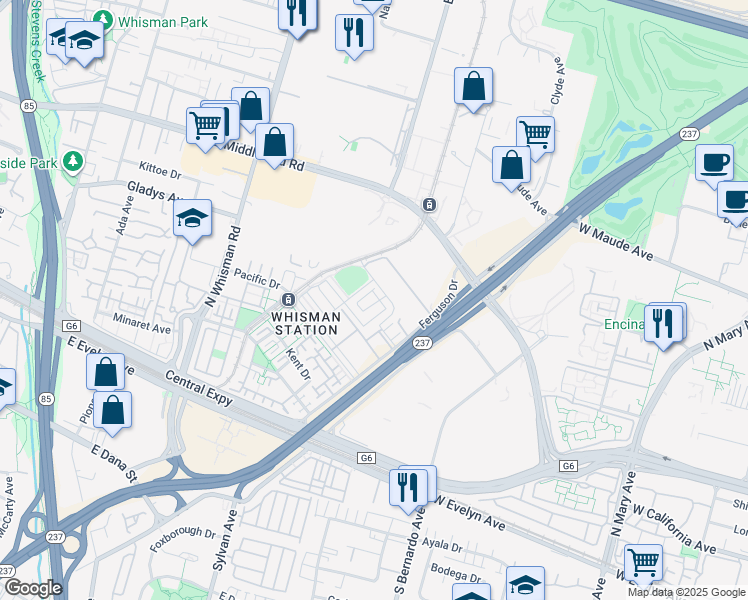 map of restaurants, bars, coffee shops, grocery stores, and more near 143 Orbit Way in Mountain View