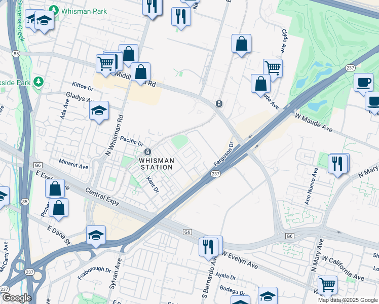 map of restaurants, bars, coffee shops, grocery stores, and more near 143 Orbit Way in Mountain View