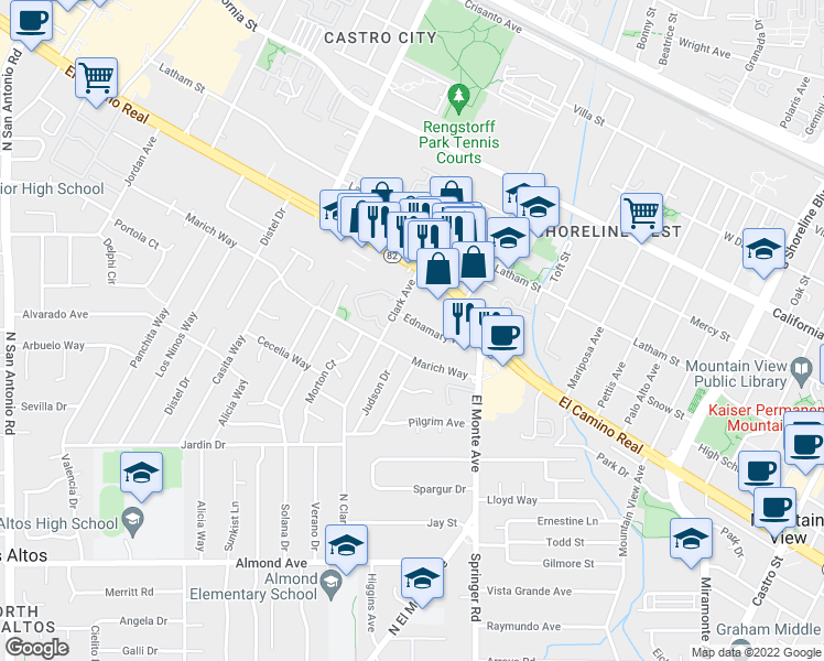 map of restaurants, bars, coffee shops, grocery stores, and more near 1875 Ednamary Way in Mountain View