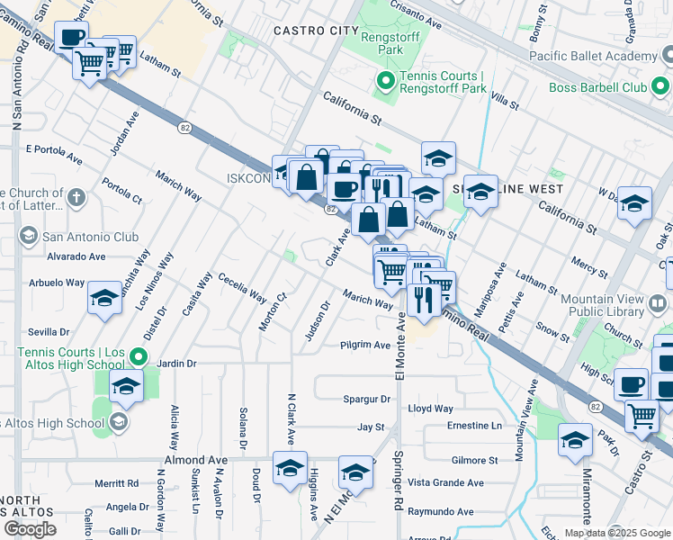 map of restaurants, bars, coffee shops, grocery stores, and more near 1875 Ednamary Way in Mountain View