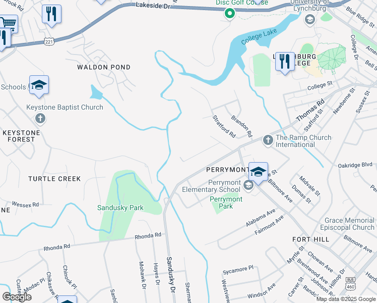 map of restaurants, bars, coffee shops, grocery stores, and more near 4635 Ferncliff Drive in Lynchburg