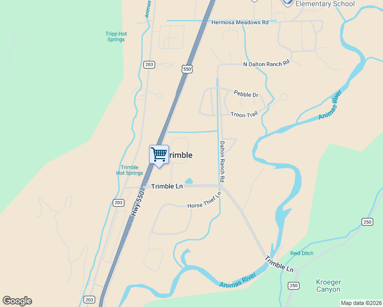 map of restaurants, bars, coffee shops, grocery stores, and more near 208 Trimble Crossing Drive in Durango