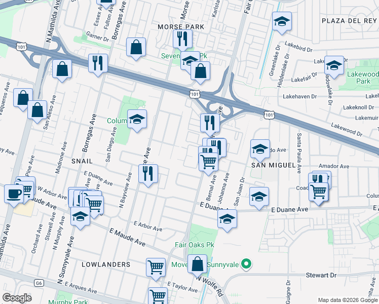map of restaurants, bars, coffee shops, grocery stores, and more near 613 San Conrado Terrace in Sunnyvale