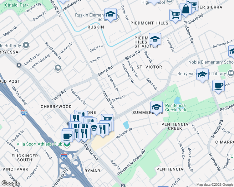 map of restaurants, bars, coffee shops, grocery stores, and more near 1194 Morrill Court in San Jose
