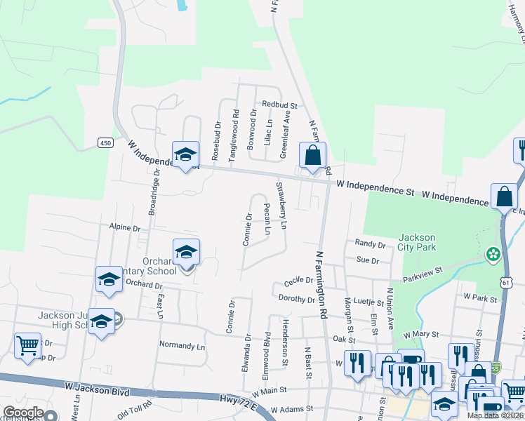 map of restaurants, bars, coffee shops, grocery stores, and more near 812 Connie Drive in Jackson