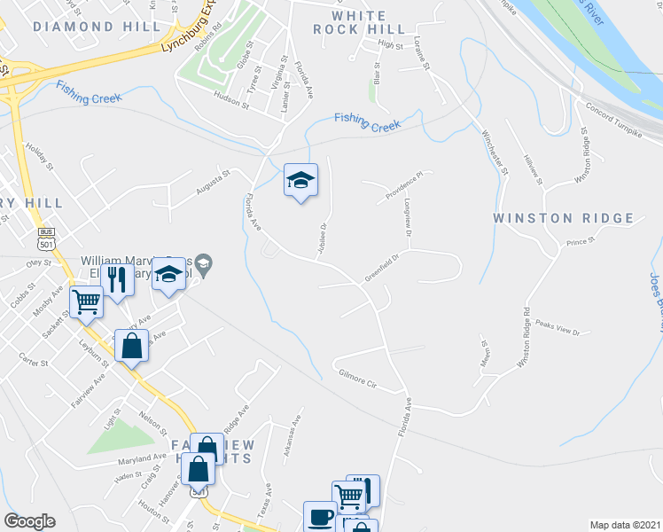 map of restaurants, bars, coffee shops, grocery stores, and more near 1659 Florida Avenue in Lynchburg