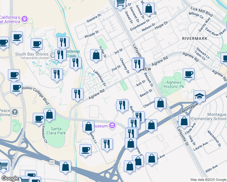 map of restaurants, bars, coffee shops, grocery stores, and more near 2200 Agnew Road in Santa Clara