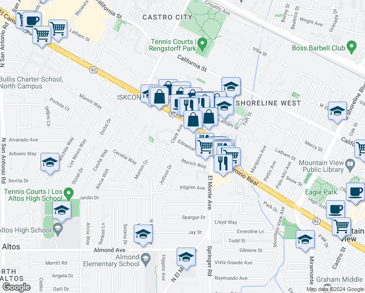 map of restaurants, bars, coffee shops, grocery stores, and more near 1865 Ednamary Way in Mountain View