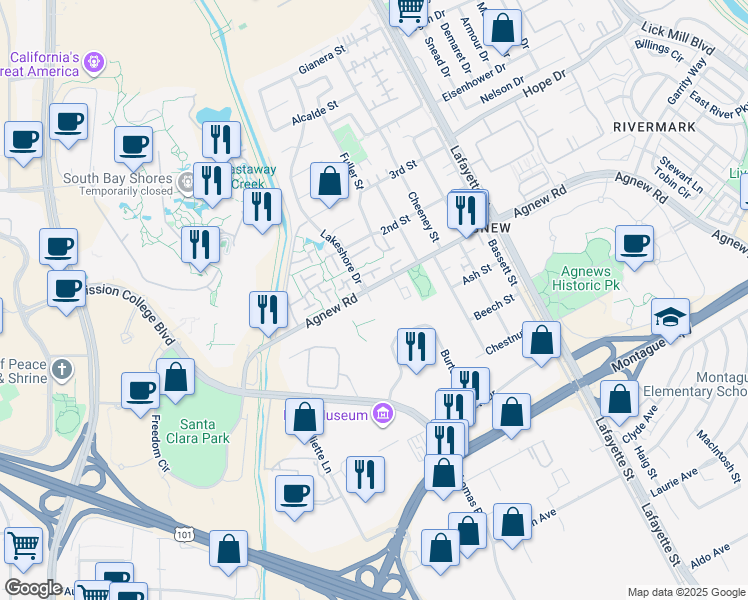 map of restaurants, bars, coffee shops, grocery stores, and more near 2150 Agnew Road in Santa Clara