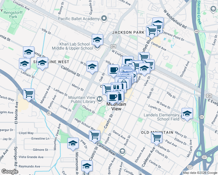 map of restaurants, bars, coffee shops, grocery stores, and more near 956 California Street in Mountain View