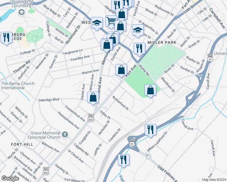 map of restaurants, bars, coffee shops, grocery stores, and more near 1916 Tennessee Avenue in Lynchburg