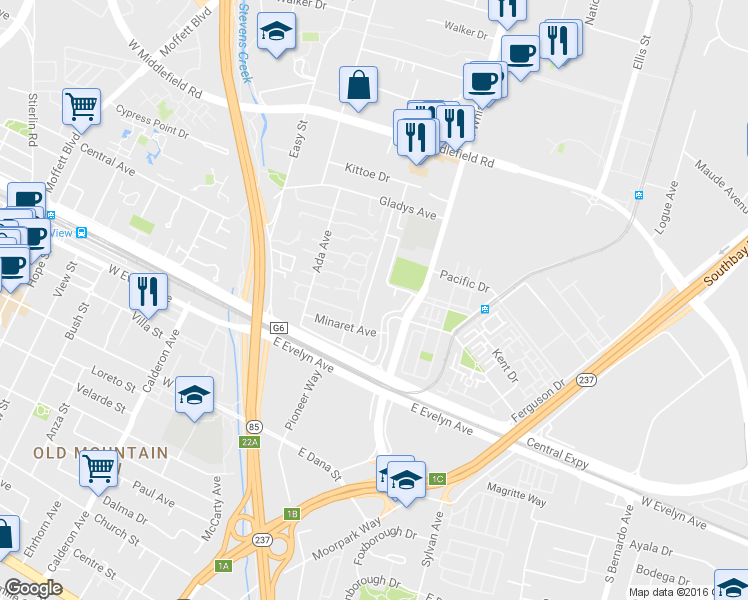 map of restaurants, bars, coffee shops, grocery stores, and more near Private Road Central Park Apartments in Mountain View