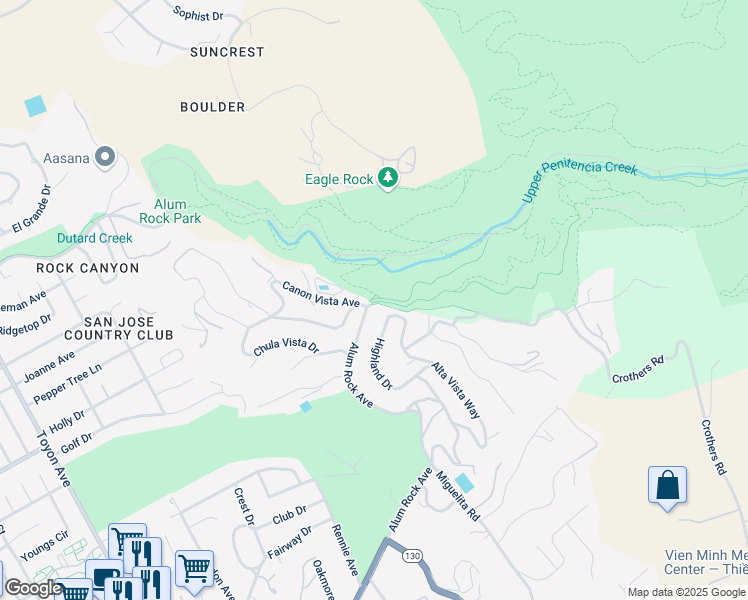 map of restaurants, bars, coffee shops, grocery stores, and more near 16220 Alum Rock Ave in San Jose