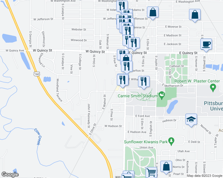 map of restaurants, bars, coffee shops, grocery stores, and more near 206 West Cleveland Avenue in Pittsburg