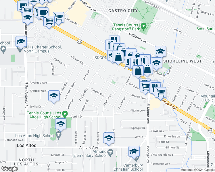 map of restaurants, bars, coffee shops, grocery stores, and more near 1026 Solana Dr in Mountain View