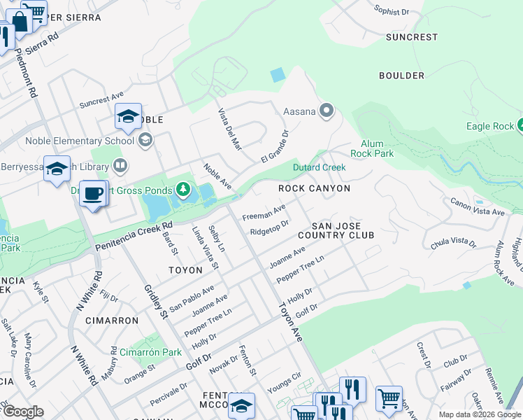 map of restaurants, bars, coffee shops, grocery stores, and more near 14980 Freeman Avenue in San Jose