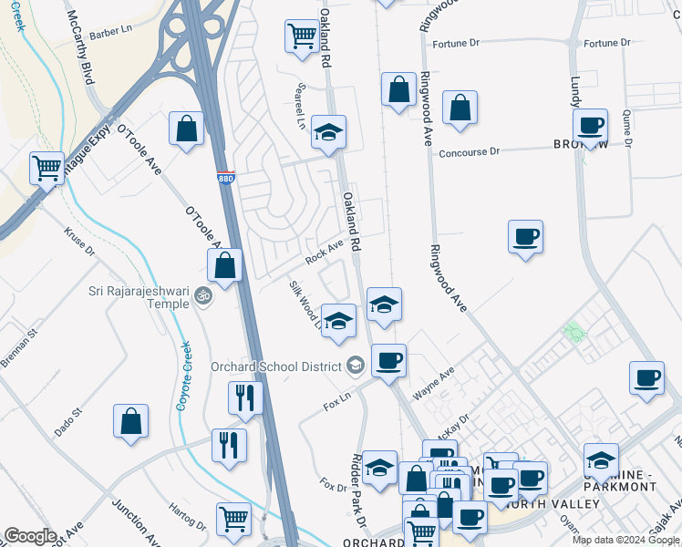 map of restaurants, bars, coffee shops, grocery stores, and more near 1974 Bright Willow Circle in San Jose