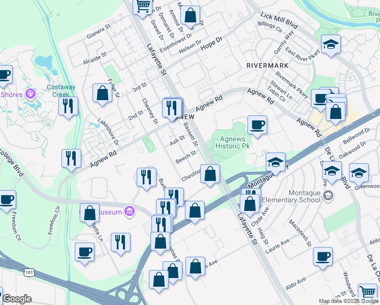 map of restaurants, bars, coffee shops, grocery stores, and more near 1913 Beech Street in Santa Clara