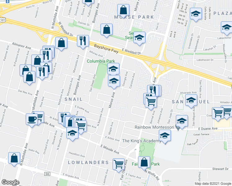 map of restaurants, bars, coffee shops, grocery stores, and more near 674 Morse Avenue in Sunnyvale