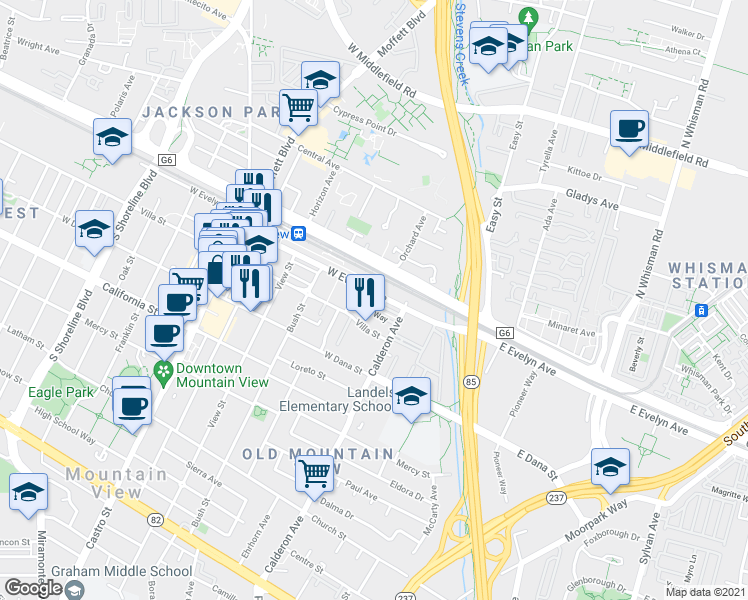 map of restaurants, bars, coffee shops, grocery stores, and more near 311 Geary Way in Mountain View