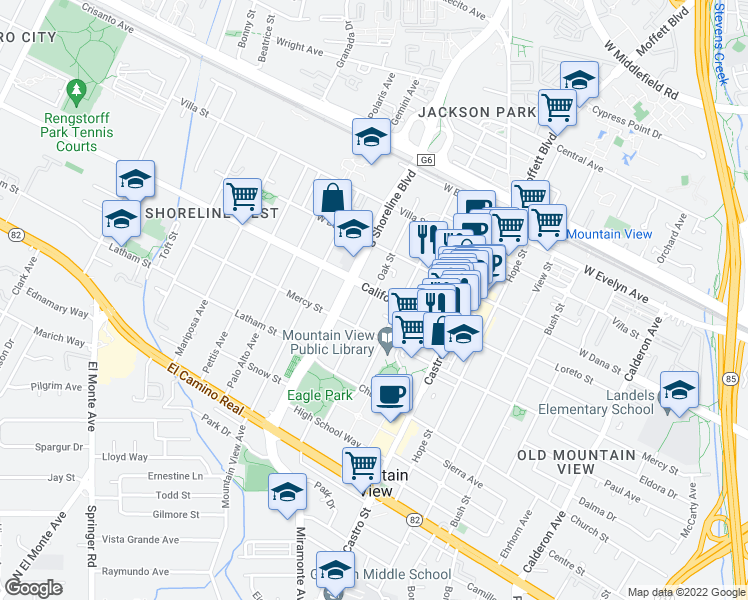 map of restaurants, bars, coffee shops, grocery stores, and more near 1049 California Street in Mountain View