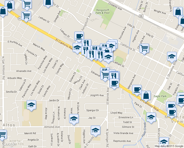 map of restaurants, bars, coffee shops, grocery stores, and more near 1875 Ednamary Way in Mountain View