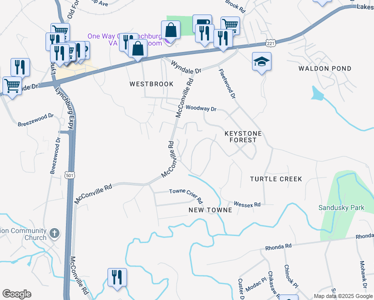 map of restaurants, bars, coffee shops, grocery stores, and more near 300 McConville Road in Lynchburg