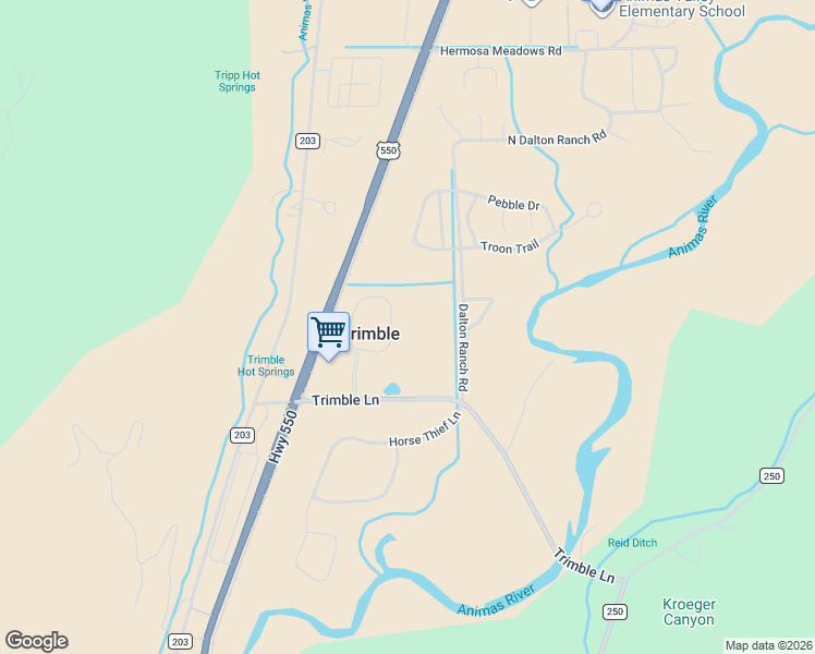 map of restaurants, bars, coffee shops, grocery stores, and more near 208 Trimble Crossing Drive in Durango