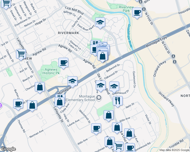map of restaurants, bars, coffee shops, grocery stores, and more near 731 Clyde Avenue in Santa Clara