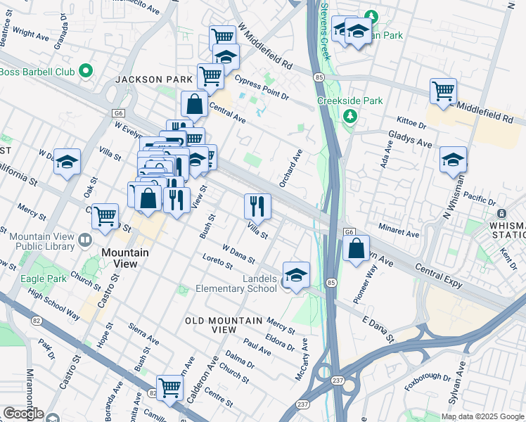 map of restaurants, bars, coffee shops, grocery stores, and more near 311 West Evelyn Avenue in Mountain View