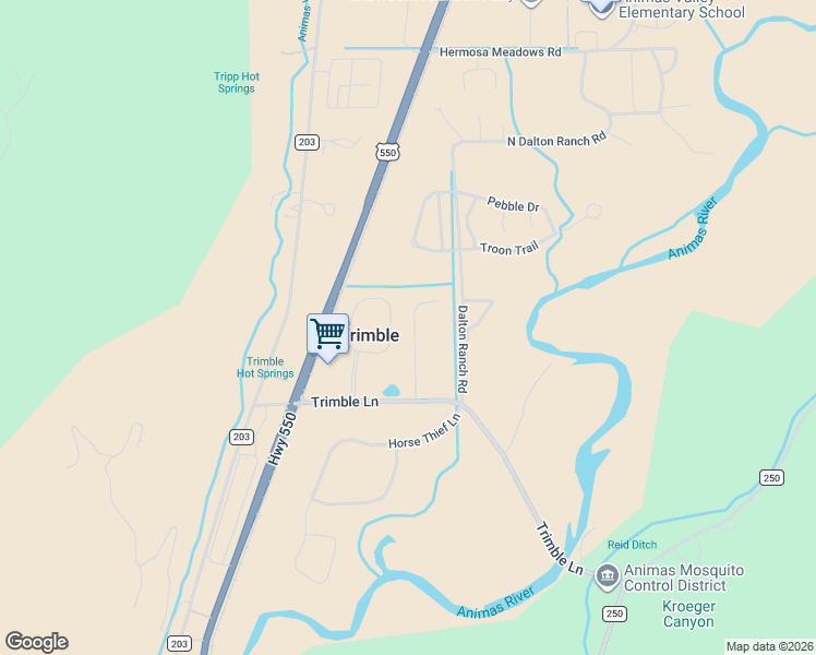map of restaurants, bars, coffee shops, grocery stores, and more near 208 Trimble Crossing Drive in Durango