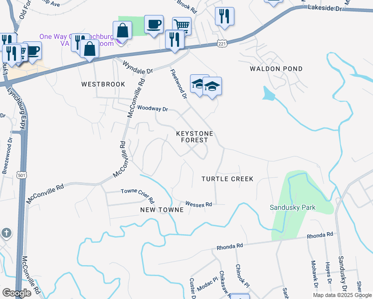 map of restaurants, bars, coffee shops, grocery stores, and more near 321 Keywood Drive in Lynchburg