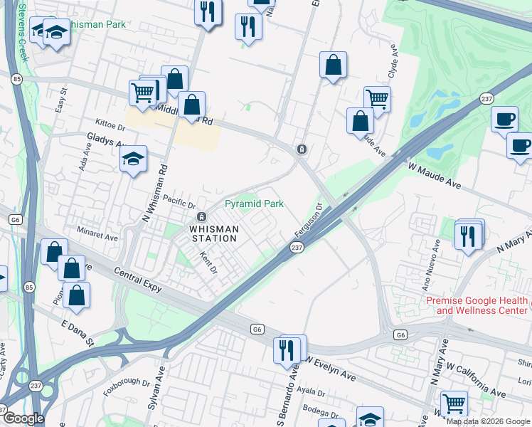 map of restaurants, bars, coffee shops, grocery stores, and more near 107 Infinity Way in Mountain View